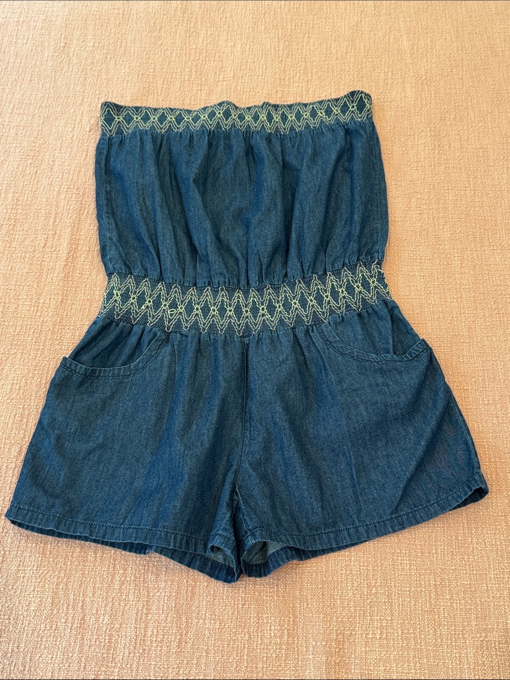 Wms med Denim Strapless Romper with yellow / taupe embroidery Stitching